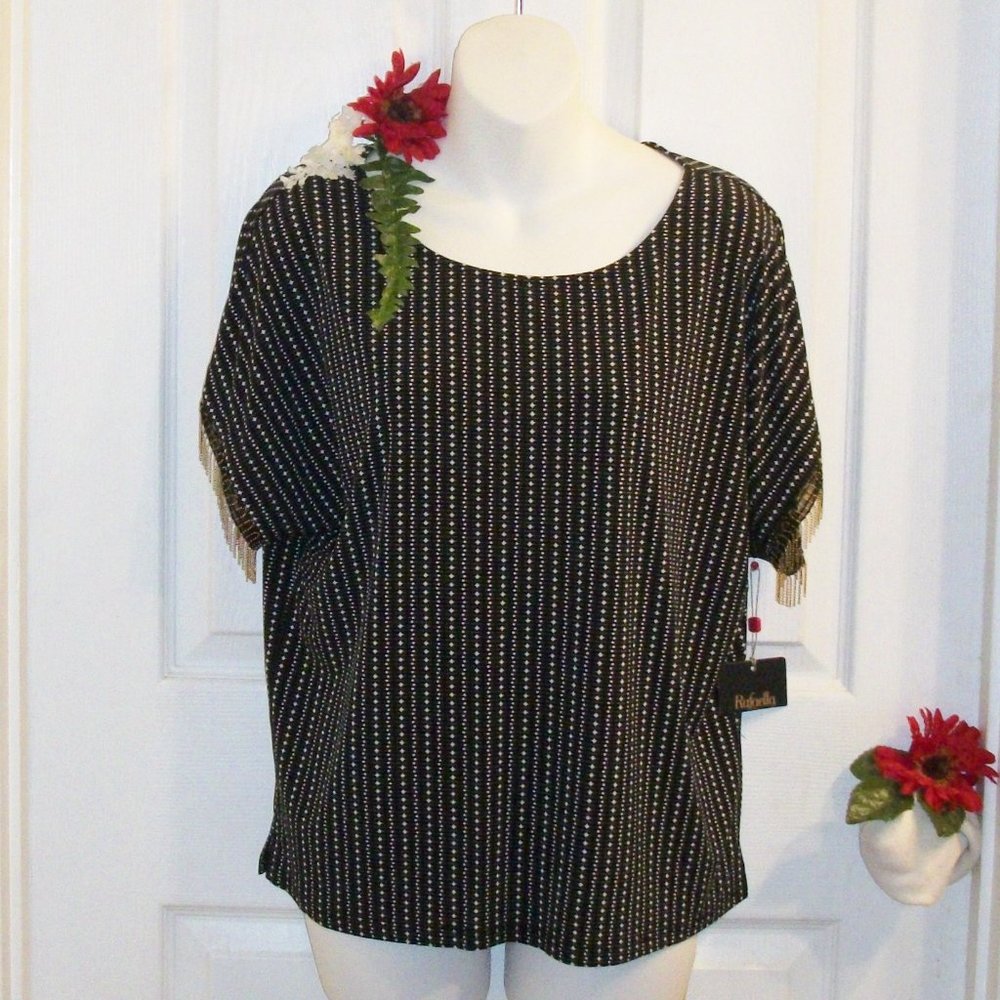 RAFAELLA NWT Small Petite Stretch Knit Top Chain Trim Black White Print